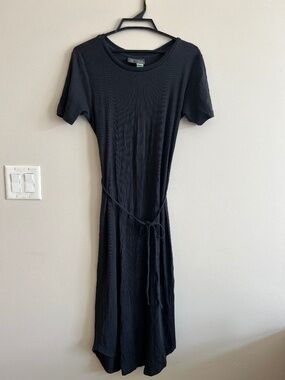 Anthropologie Black Ribbed Midi Dress Size M with Tie Belt